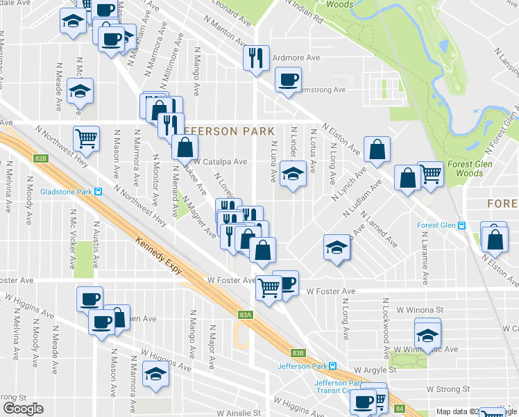 map of restaurants, bars, coffee shops, grocery stores, and more near 5355 North Central Avenue in Chicago