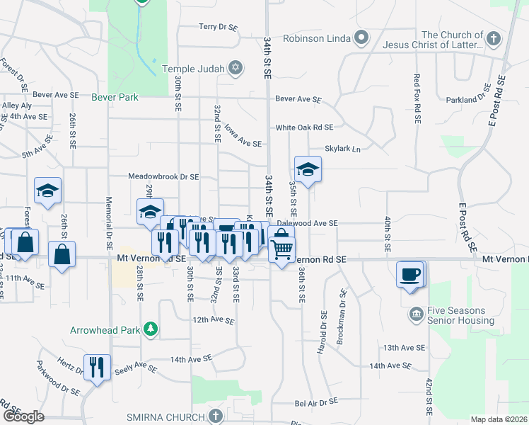 map of restaurants, bars, coffee shops, grocery stores, and more near 651 34th Street Southeast in Cedar Rapids