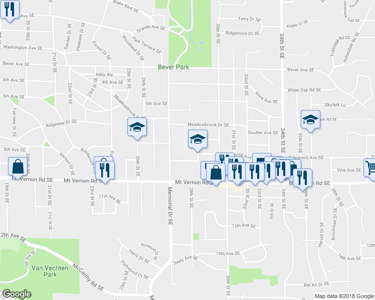 map of restaurants, bars, coffee shops, grocery stores, and more near 654 28th Street Court Southeast in Cedar Rapids