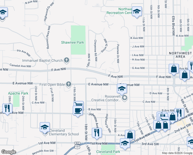 map of restaurants, bars, coffee shops, grocery stores, and more near 619 Meadowdale Drive Northwest in Cedar Rapids
