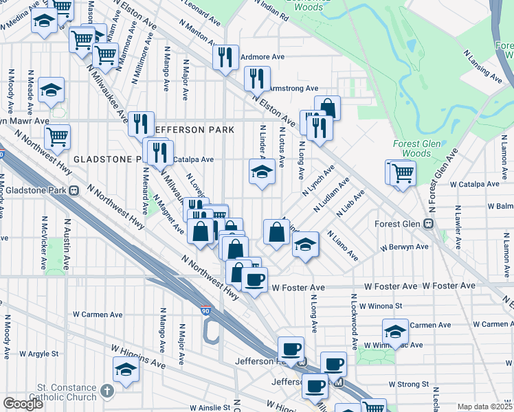 map of restaurants, bars, coffee shops, grocery stores, and more near 5354 North Linder Avenue in Chicago