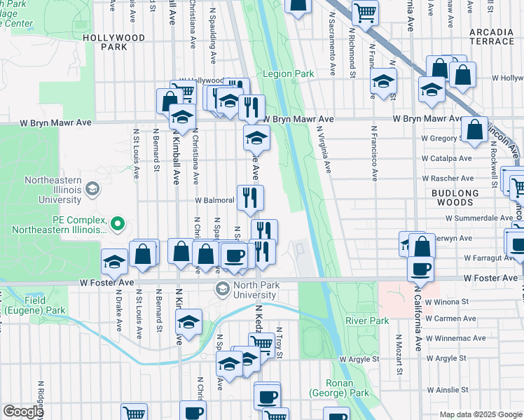 map of restaurants, bars, coffee shops, grocery stores, and more near 5345 North Kedzie Avenue in Chicago