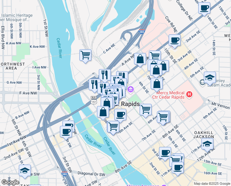 map of restaurants, bars, coffee shops, grocery stores, and more near 312 2nd Avenue Southeast in Cedar Rapids