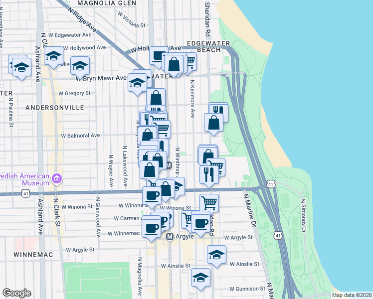 map of restaurants, bars, coffee shops, grocery stores, and more near 5320 North Kenmore Avenue in Chicago