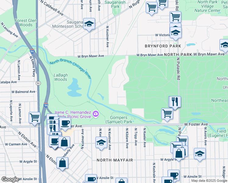map of restaurants, bars, coffee shops, grocery stores, and more near 5336 North Lowell Avenue in Chicago