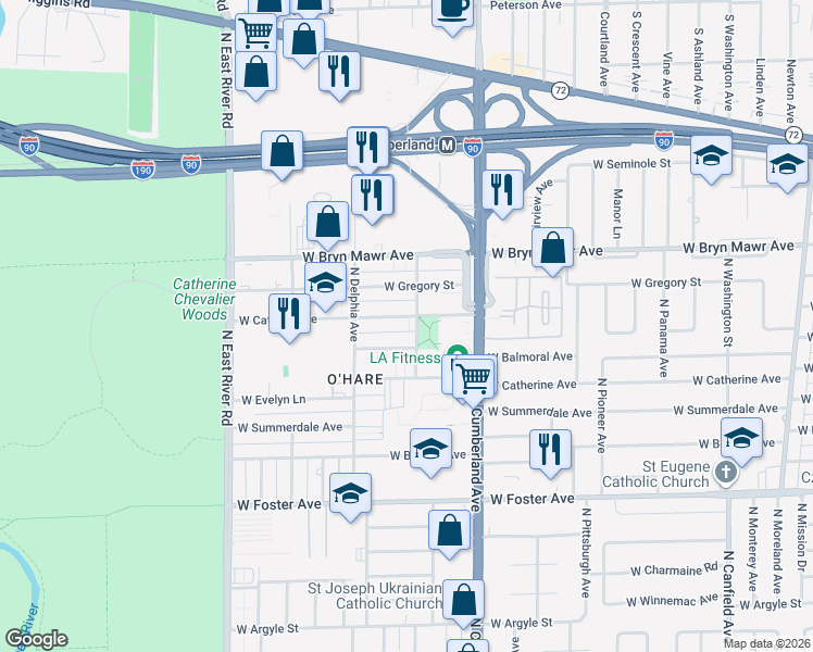 map of restaurants, bars, coffee shops, grocery stores, and more near 8507 West Catalpa Avenue in Chicago