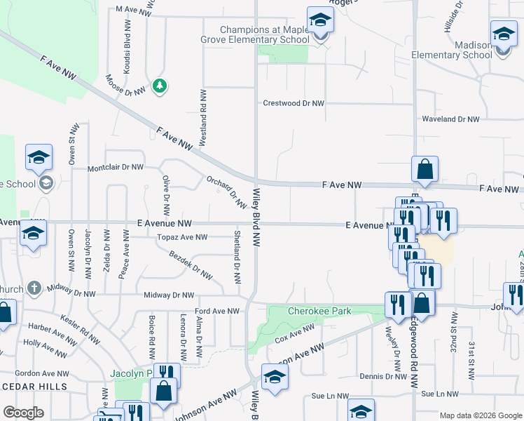 map of restaurants, bars, coffee shops, grocery stores, and more near 625 Wiley Boulevard Northwest in Cedar Rapids