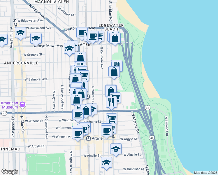map of restaurants, bars, coffee shops, grocery stores, and more near 5318 North Sheridan Road in Chicago