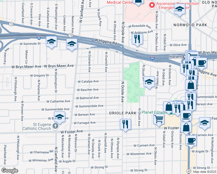 map of restaurants, bars, coffee shops, grocery stores, and more near 7652 West Rascher Avenue in Chicago