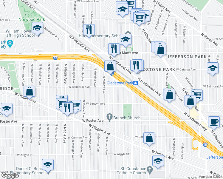 map of restaurants, bars, coffee shops, grocery stores, and more near 5350 North Meade Avenue in Chicago
