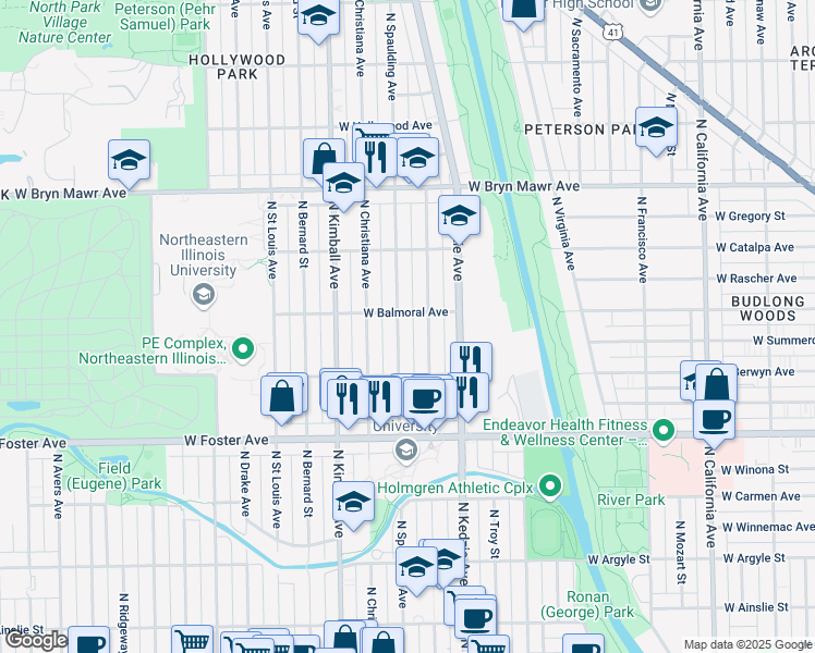 map of restaurants, bars, coffee shops, grocery stores, and more near 5349 N Spaulding Ave in Chicago