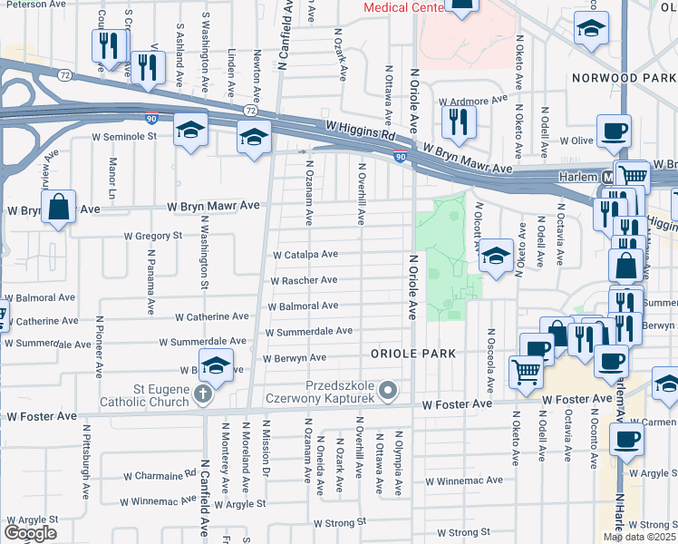 map of restaurants, bars, coffee shops, grocery stores, and more near 7726 West Rascher Avenue in Chicago