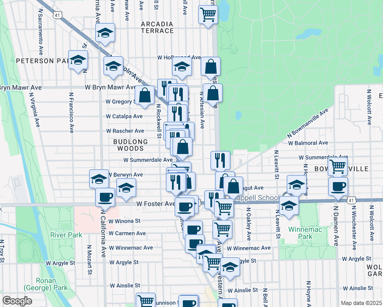 map of restaurants, bars, coffee shops, grocery stores, and more near 2463 West Balmoral Avenue in Chicago