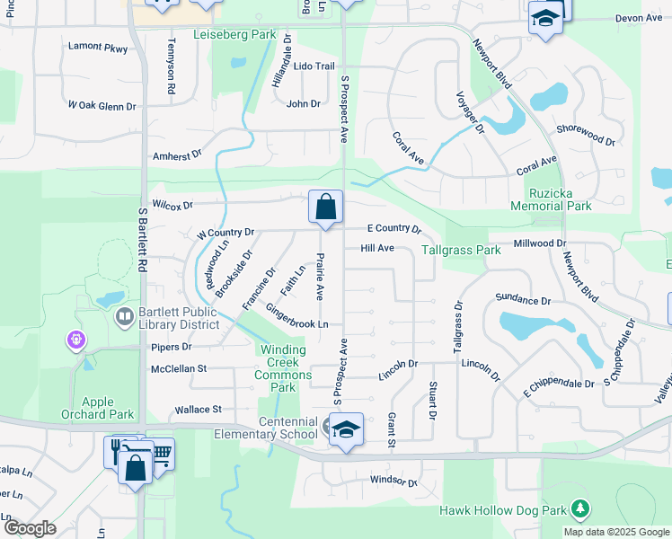 map of restaurants, bars, coffee shops, grocery stores, and more near 824 South Prospect Avenue in Bartlett