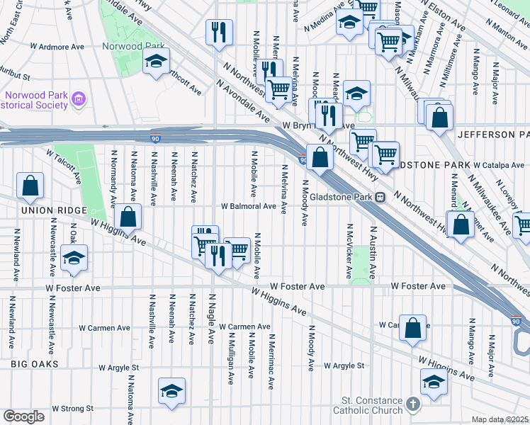 map of restaurants, bars, coffee shops, grocery stores, and more near 5351 North Mobile Avenue in Chicago