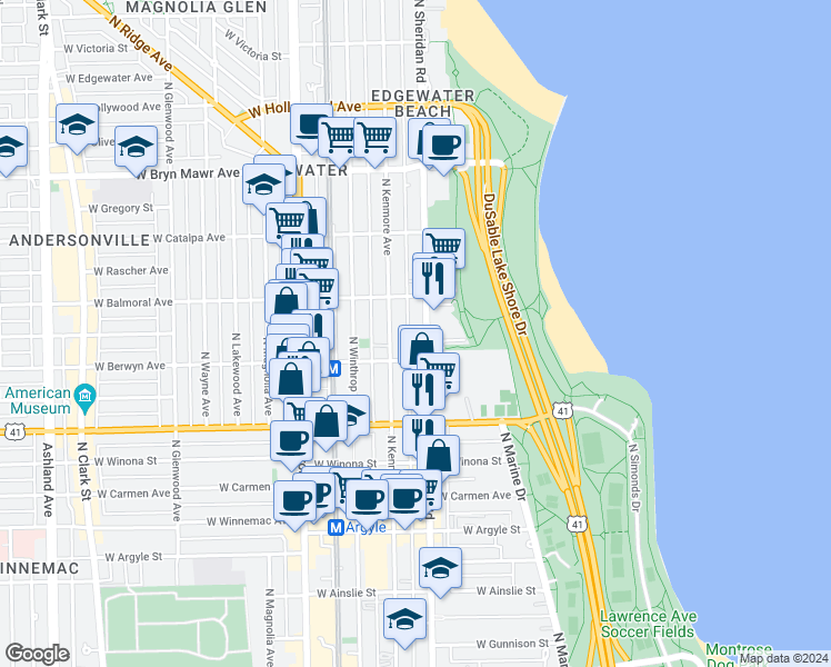 map of restaurants, bars, coffee shops, grocery stores, and more near 5320 North Sheridan Road in Chicago