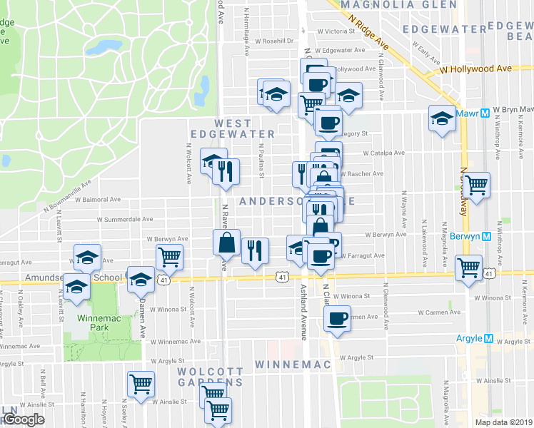 map of restaurants, bars, coffee shops, grocery stores, and more near 1656 West Summerdale Avenue in Chicago