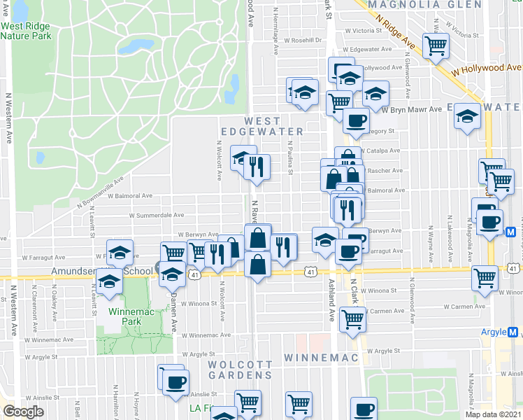 map of restaurants, bars, coffee shops, grocery stores, and more near 1734 West Summerdale Avenue in Chicago