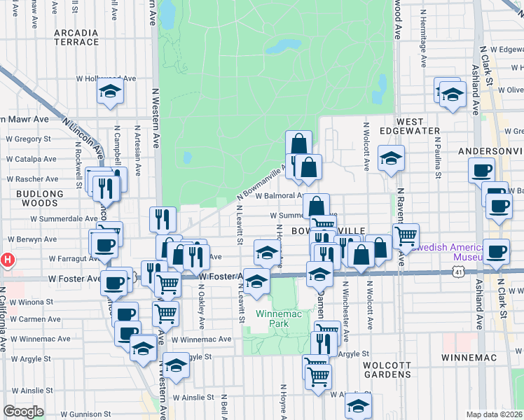 map of restaurants, bars, coffee shops, grocery stores, and more near 2110 West Summerdale Avenue in Chicago