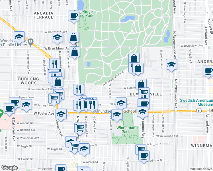 map of restaurants, bars, coffee shops, grocery stores, and more near 5375 North Bowmanville Avenue in Chicago