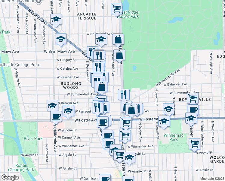 map of restaurants, bars, coffee shops, grocery stores, and more near 5346 North Western Avenue in Chicago