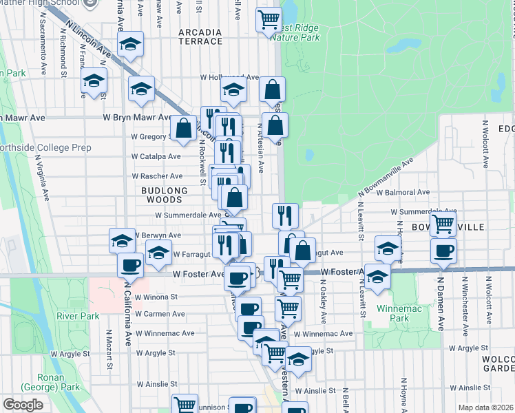 map of restaurants, bars, coffee shops, grocery stores, and more near 2463 West Balmoral Avenue in Chicago