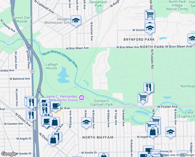 map of restaurants, bars, coffee shops, grocery stores, and more near 5336 North Lowell Avenue in Chicago