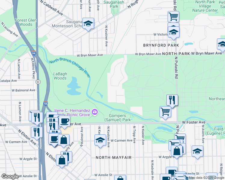 map of restaurants, bars, coffee shops, grocery stores, and more near 5336 North Lowell Avenue in Chicago