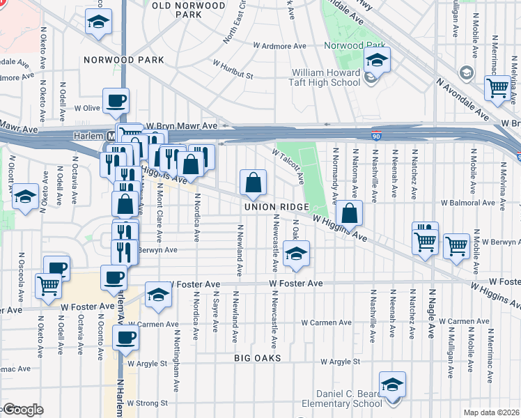 map of restaurants, bars, coffee shops, grocery stores, and more near 6811 West Higgins Avenue in Chicago