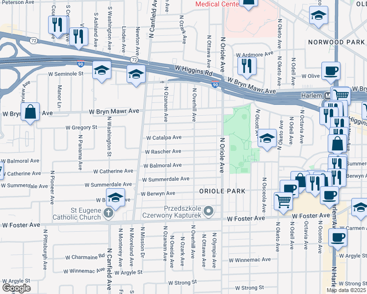 map of restaurants, bars, coffee shops, grocery stores, and more near 7726 West Rascher Avenue in Chicago