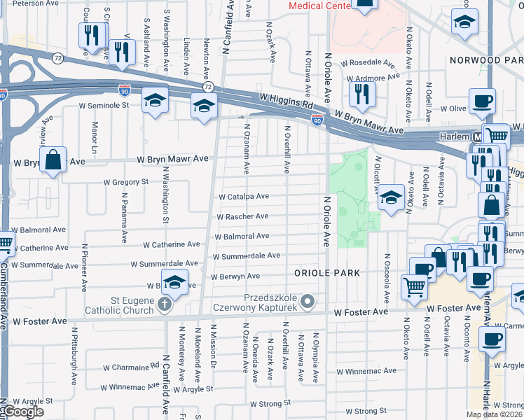 map of restaurants, bars, coffee shops, grocery stores, and more near 7726 West Rascher Avenue in Chicago