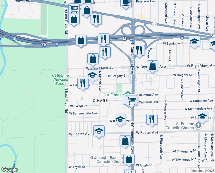 map of restaurants, bars, coffee shops, grocery stores, and more near 8525 West Catalpa Avenue in Chicago