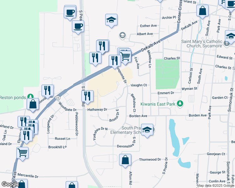 map of restaurants, bars, coffee shops, grocery stores, and more near 949 Constance Lane in Sycamore