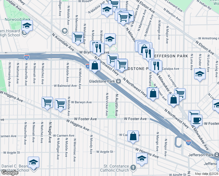map of restaurants, bars, coffee shops, grocery stores, and more near 5340 North Austin Avenue in Chicago