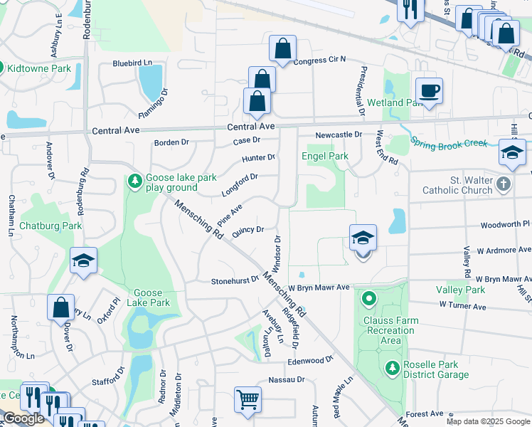 map of restaurants, bars, coffee shops, grocery stores, and more near 205 Quincy Lane in Roselle