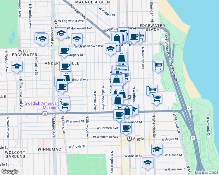map of restaurants, bars, coffee shops, grocery stores, and more near 5326 North Magnolia Avenue in Chicago