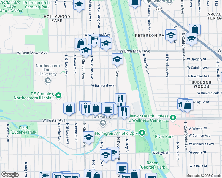 map of restaurants, bars, coffee shops, grocery stores, and more near 5349 North Sawyer Avenue in Chicago