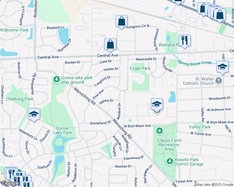 map of restaurants, bars, coffee shops, grocery stores, and more near 205 Quincy Lane in Roselle