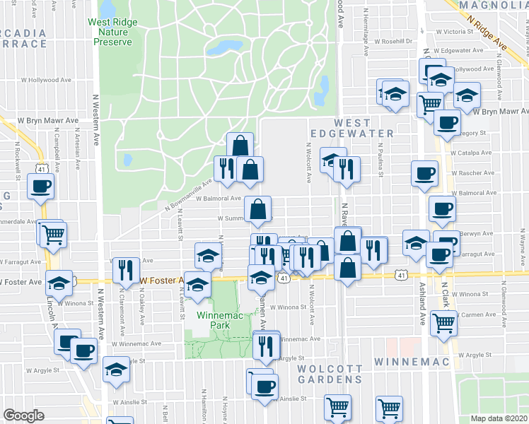 map of restaurants, bars, coffee shops, grocery stores, and more near 5343 North Damen Avenue in Chicago