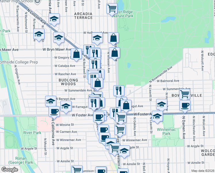 map of restaurants, bars, coffee shops, grocery stores, and more near 2463 West Balmoral Avenue in Chicago