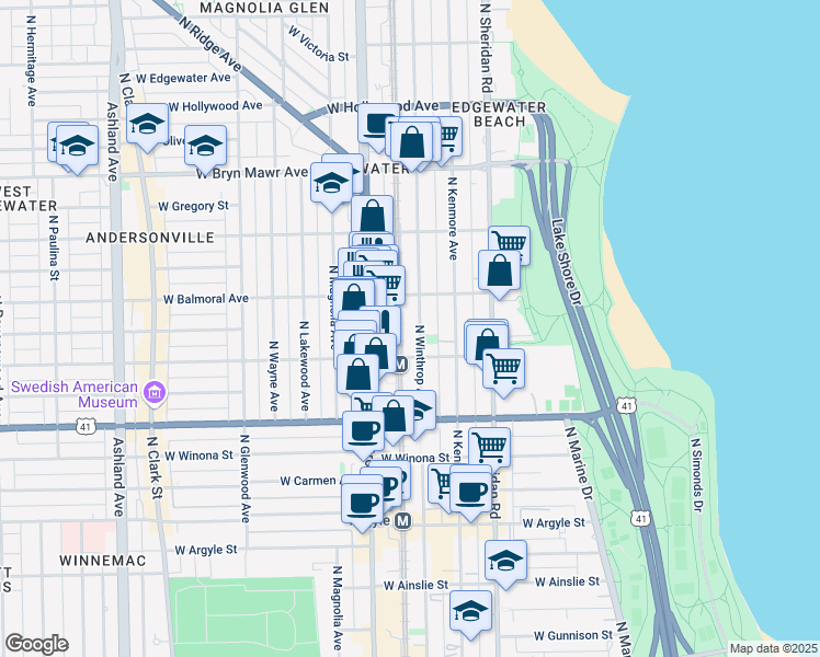 map of restaurants, bars, coffee shops, grocery stores, and more near 5326 North Winthrop Avenue in Chicago