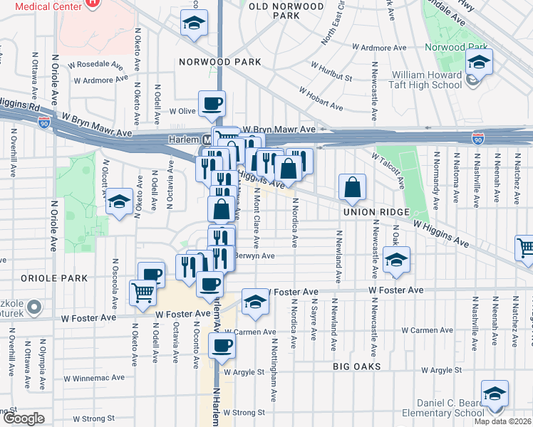 map of restaurants, bars, coffee shops, grocery stores, and more near 5369 West Balmoral Avenue in Chicago