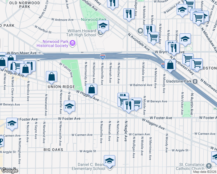 map of restaurants, bars, coffee shops, grocery stores, and more near 5354 North Neenah Avenue in Chicago