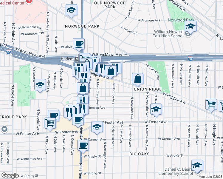 map of restaurants, bars, coffee shops, grocery stores, and more near 7007 West Balmoral Avenue in Chicago