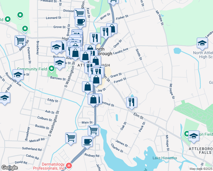map of restaurants, bars, coffee shops, grocery stores, and more near 19 Jay Street in North Attleborough