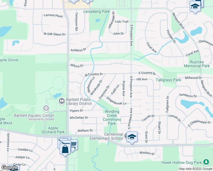 map of restaurants, bars, coffee shops, grocery stores, and more near 828 Francine Drive in Bartlett