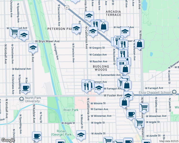 map of restaurants, bars, coffee shops, grocery stores, and more near 5347 North California Avenue in Chicago