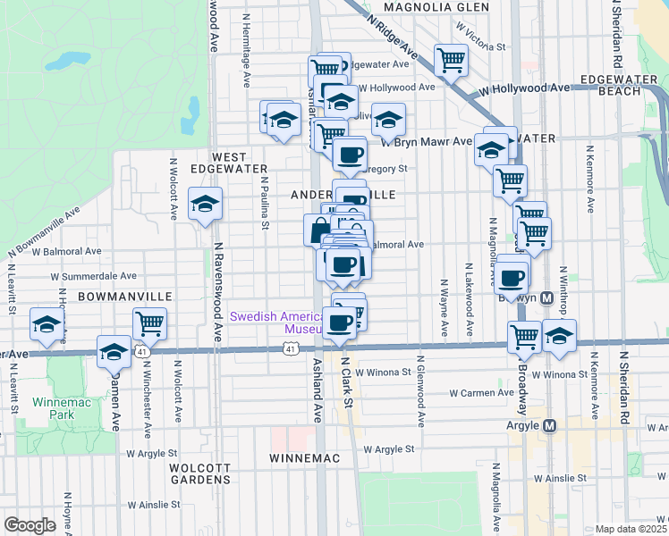 map of restaurants, bars, coffee shops, grocery stores, and more near 1512 West Summerdale Avenue in Chicago