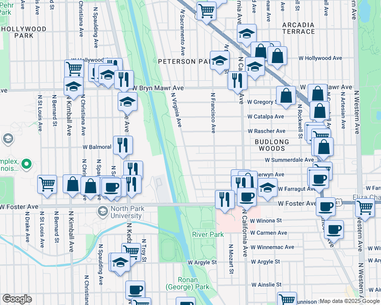 map of restaurants, bars, coffee shops, grocery stores, and more near 5347 North Virginia Avenue in Chicago