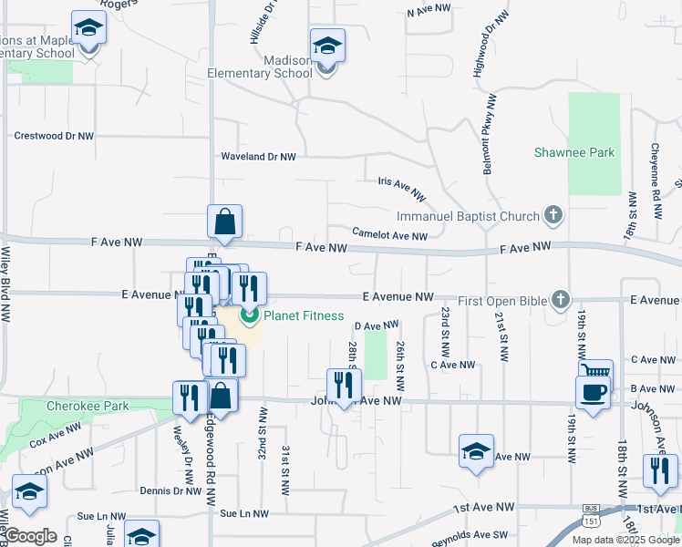 map of restaurants, bars, coffee shops, grocery stores, and more near 2823 Henry Court Northwest in Cedar Rapids